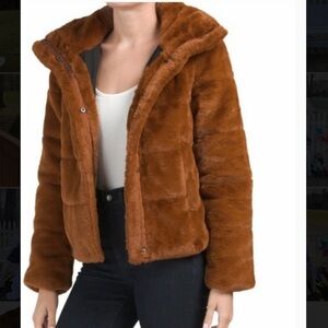 NVLT Cognac Faux Fur Coat Rabbit Fur Soft Cropped Lined Jacket Women’s XL
